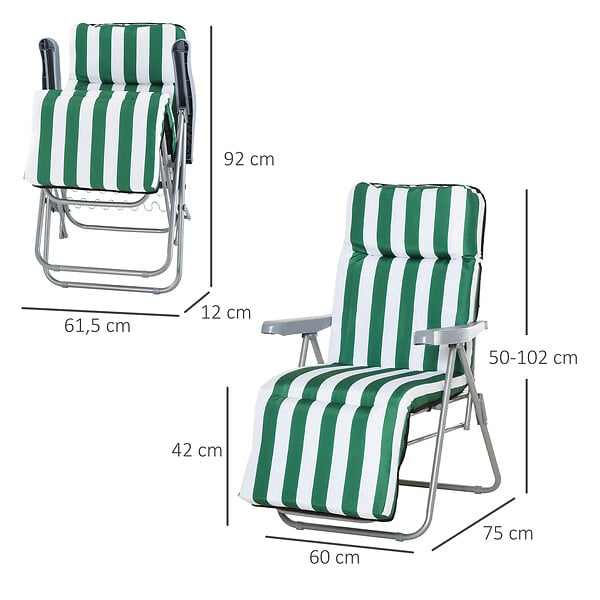 OUTSUNNY - Lot de 2 chaise longue bain de soleil adjustable pliable transat lit de jardin en acier vert + blanc - large