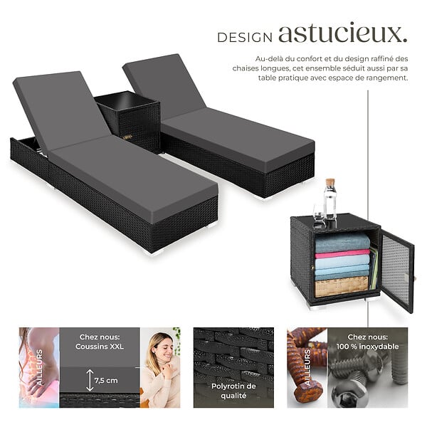 TECTAKE - Lot 2 chaises longues rotin aluminium noir avec table d appoint rangement 184x60x21 cm - large