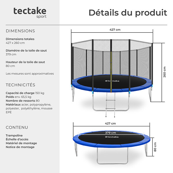 TECTAKE - Trampoline modèle B noir/bleu - large