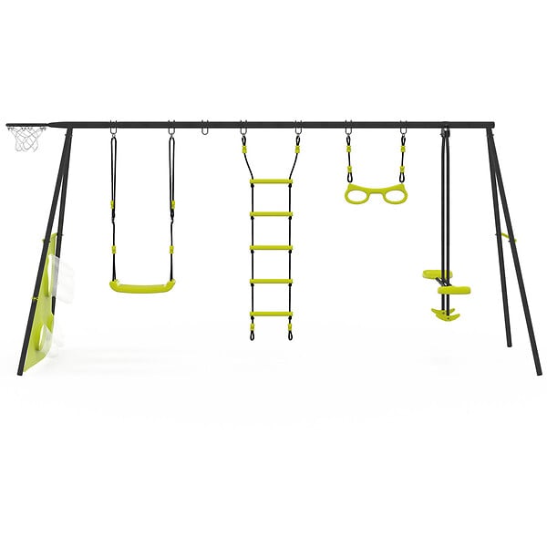 ID MARKET - Balançoire 4 agrès portique avec balançoire face à face trapèze échelle panier de basket et buts de foot - large