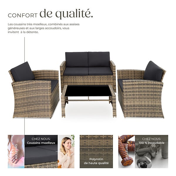TECTAKE - 4 Places salon bas de jardin marron naturel gris foncé design moderne coussins confortables montage facile - large