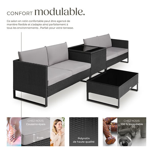 TECTAKE - Salon de jardin résine tressée modulable noir coussins déperlants housse lavable confort - large