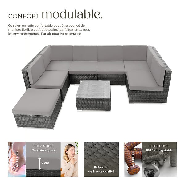 TECTAKE - Canapé jardin en résine tressée gris 7 places modulable coussins déperlants table avec verre - large