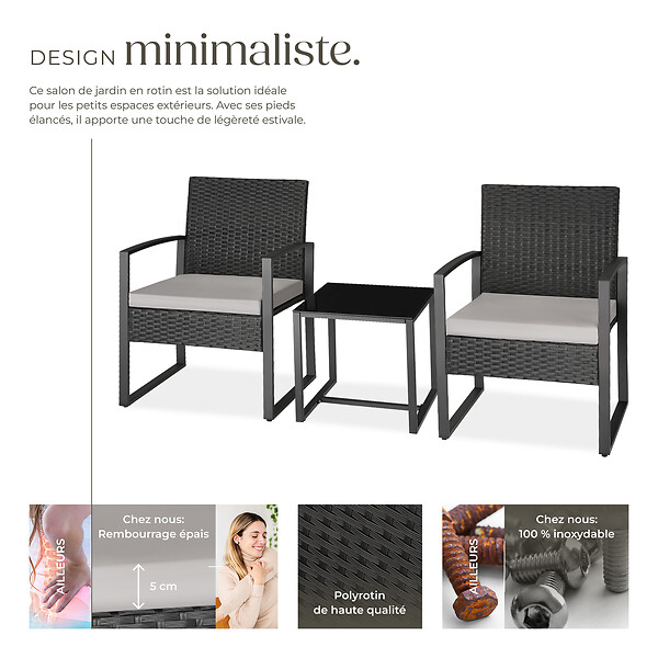 TECTAKE - Ensemble de salon de jardin en rotin Granada avec table pour 2 personnes Noir gris clair/noir - large