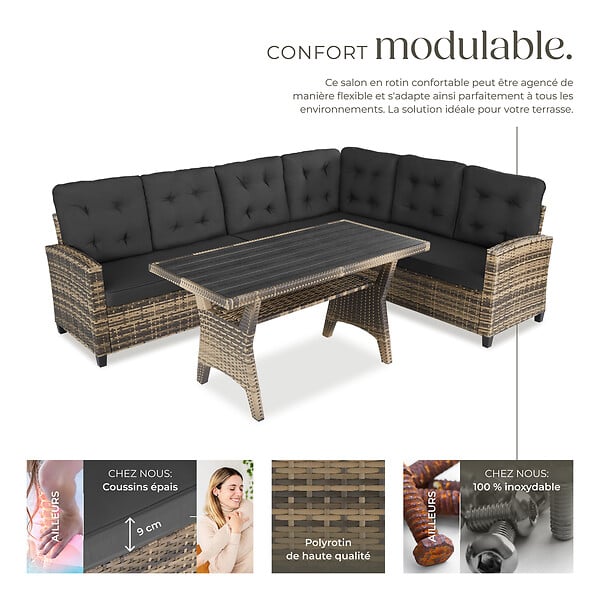 TECTAKE - 7 Places canapé de jardin lounge en rotin marron naturel salon rotin résine tressée stable rembourrage déperlant - large