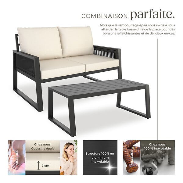 TECTAKE - Salon de jardin aluminium anthracite 2 places canapé table basse coussins imperméables housses amovibles design corde mobilier extérieur - large