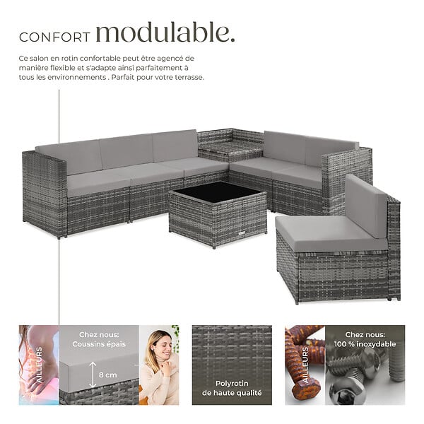 TECTAKE - Salon de jardin rotin en résine modulaire 6 places avec table verre coussins gris - large
