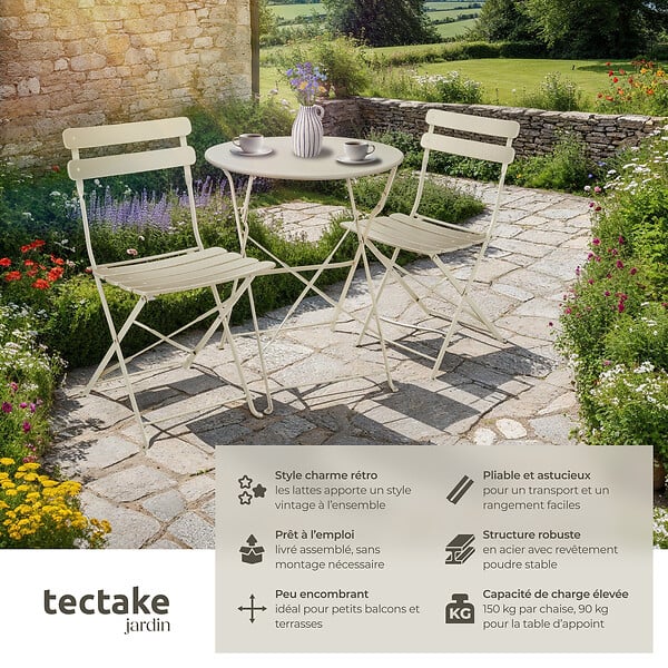 TECTAKE - Ensemble table et chaises bistrot Frieda, pliable pour 2 personnes crème - large