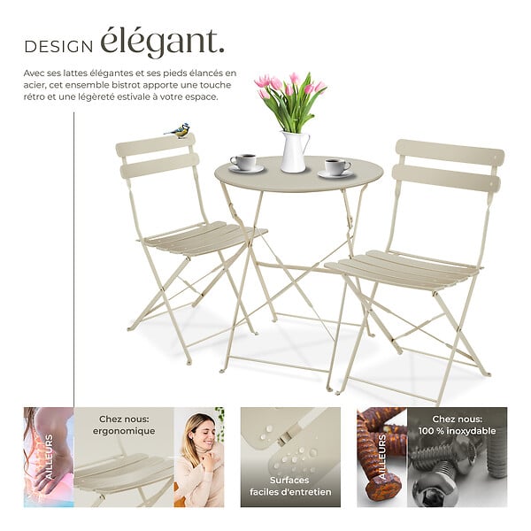 TECTAKE - Ensemble table et chaises bistrot Frieda, pliable pour 2 personnes crème - large