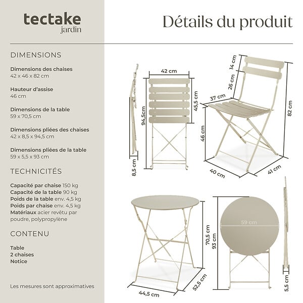 TECTAKE - Ensemble table et chaises bistrot Frieda, pliable pour 2 personnes crème - large