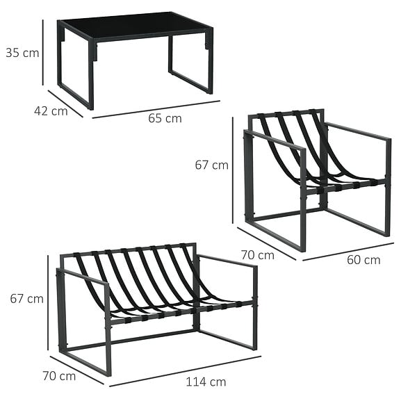 OUTSUNNY - Salon de jardin 4 personnes - 4 pièces, 3 coussins - acier époxy noir polyester beige - large