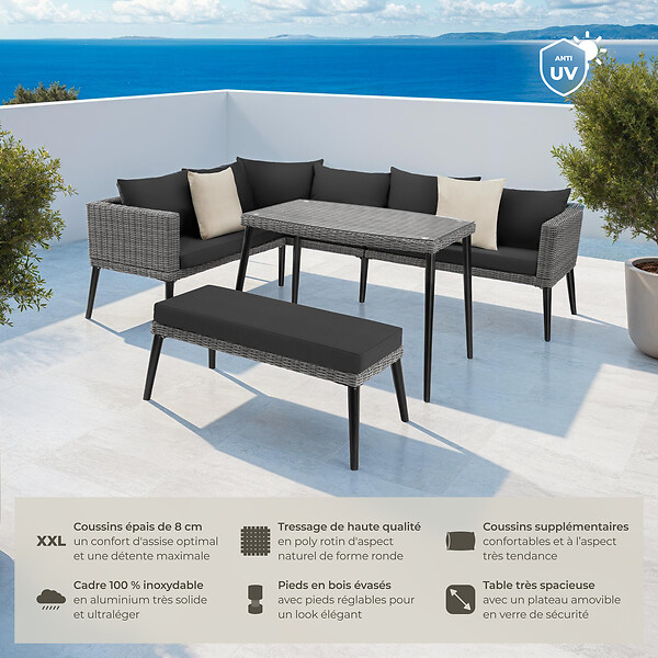 TECTAKE - Salon en rotin avec structure en aluminium Pula gris - large