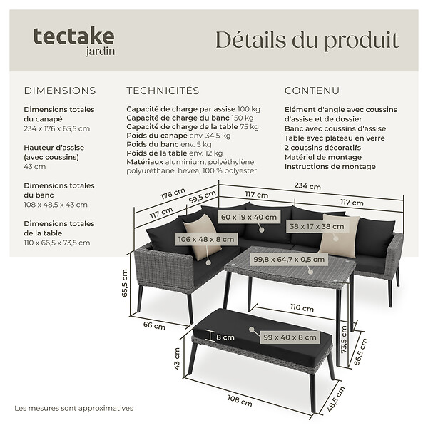 TECTAKE - Salon en rotin avec structure en aluminium Pula gris - large