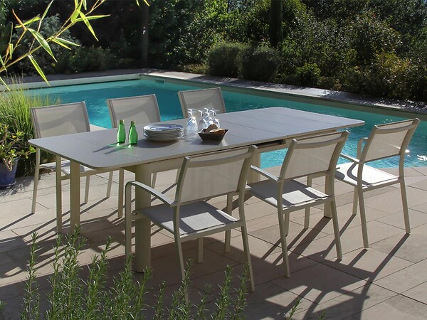 JARDILINE - Ensemble Table de jardin extensible, rectangulaire en aluminium Milos Ivoire avec 10 chaises  - Jardiline - large