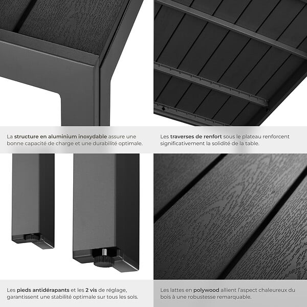 TECTAKE - Table de jardin en aluminium surface de la table en aspect bois noir - large