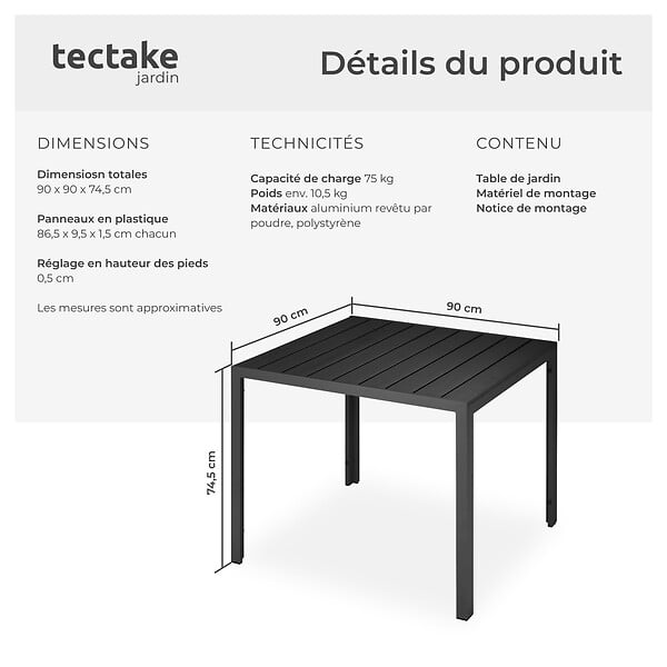 TECTAKE - Table de jardin en aluminium surface de la table en aspect bois noir - large
