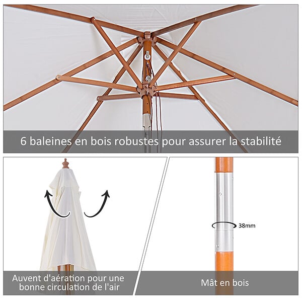 OUTSUNNY - Parasol rectangulaire inclinable bois polyester haute densité 2L x 1,5l x 2,3H m crème - large