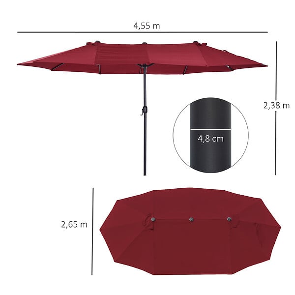 OUTSUNNY - Parasol de jardin XXL parasol grande taille 4,6L x 2,7l x 2,4H m ouverture fermeture manivelle acier polyester haute densité bordeaux - large