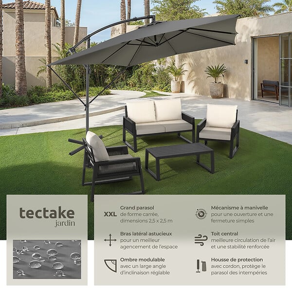 TECTAKE - Parasol APOLLON avec manivelle 2,5 x 2,5 m  gris clair - large