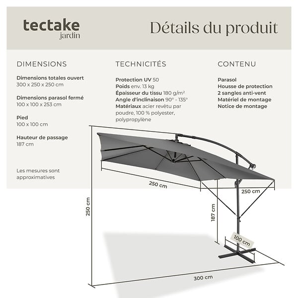 TECTAKE - Parasol APOLLON avec manivelle 2,5 x 2,5 m  gris clair - large