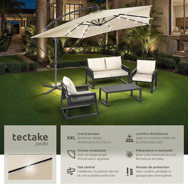 TECTAKE - Parasol à LED solaire Sunna avec manivelle 2,5 x 2,5 m  beige - large