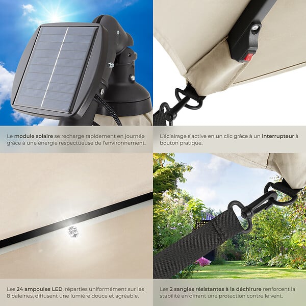 TECTAKE - Parasol à LED solaire Sunna avec manivelle 2,5 x 2,5 m  beige - large