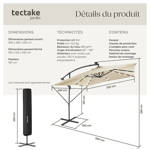 TECTAKE - Parasol à LED solaire Sunna avec manivelle 2,5 x 2,5 m  beige - large