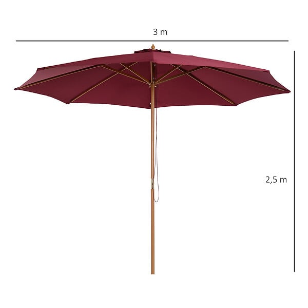 OUTSUNNY - Outsunny Parasol droit en bois polyester haute densité protection solaire Ø 3 x 2,5 m rouge - large