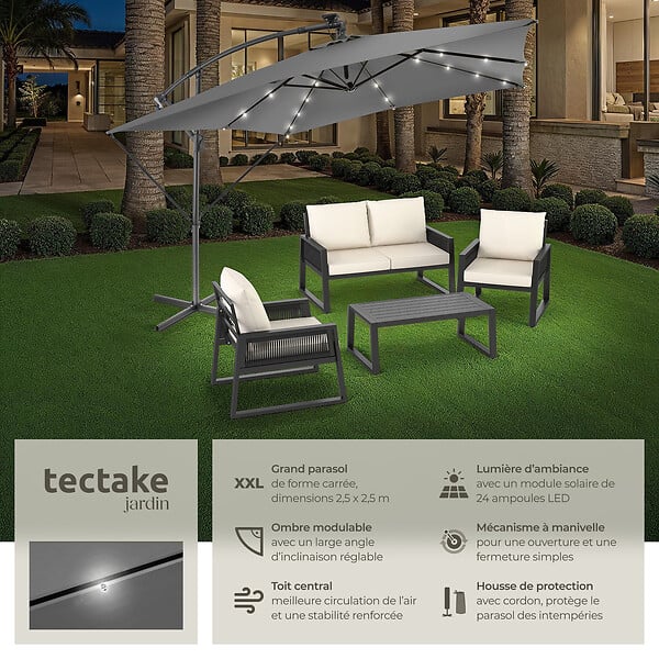 TECTAKE - Parasol à LED solaire Sunna avec manivelle 2,5 x 2,5 m  gris clair - large