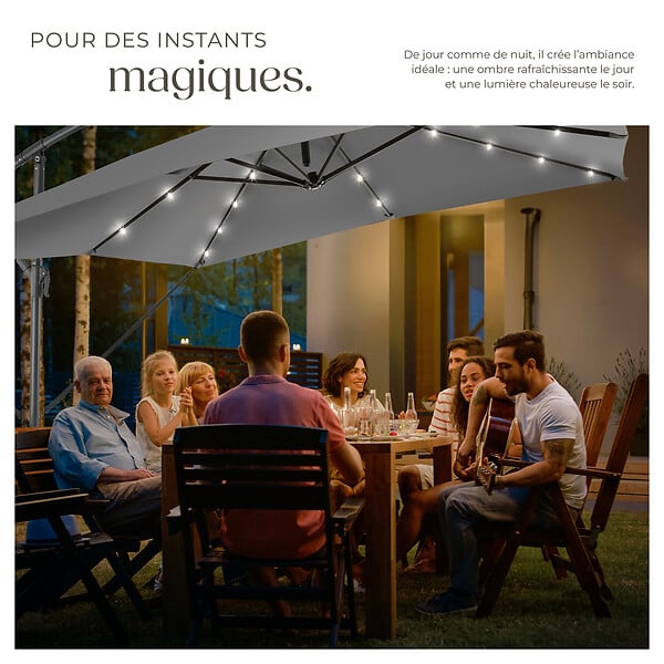 TECTAKE - Parasol à LED solaire Sunna avec manivelle 2,5 x 2,5 m  gris clair - large