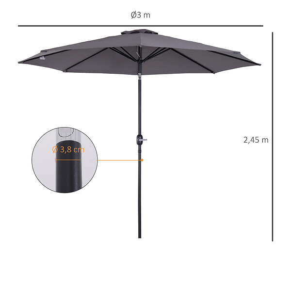 OUTSUNNY - Parasol en métal rond polyester 180g/m² manivelle inclinable Ø 2,95 x 2,5 m gris - large