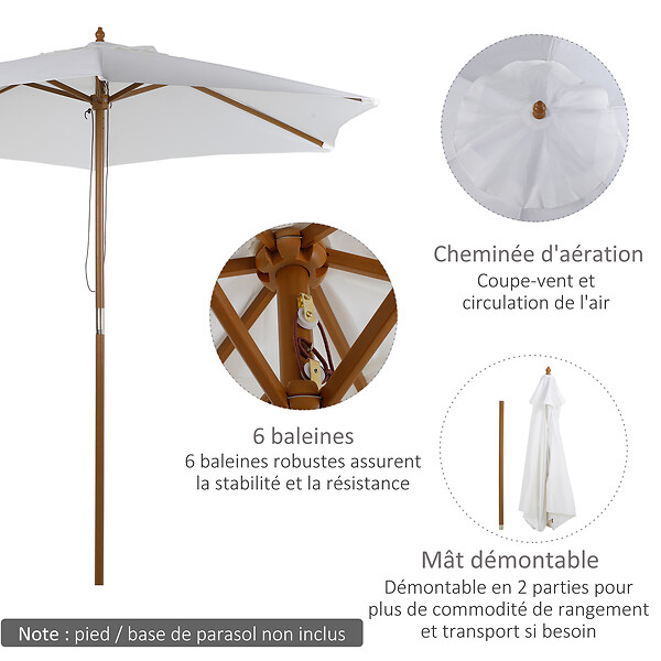 OUTSUNNY - Parasol droit hexagonal de jardin grande taille dim. Ø 2,5 x 2,3H m bambou polyester crème - large