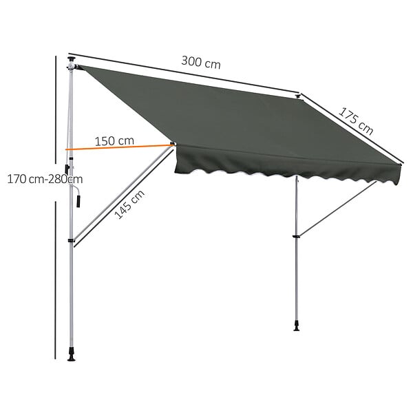 OUTSUNNY - Store banne manuel rétractable 3L x 1,5l m inclinaison et hauteur réglable installation rapide métal alu polyester anti-UV gris - large