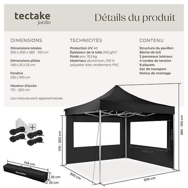 TECTAKE - Pavillon de jardin pliable en aluminium 3 x 3 m avec 2 parois latérales noir - large