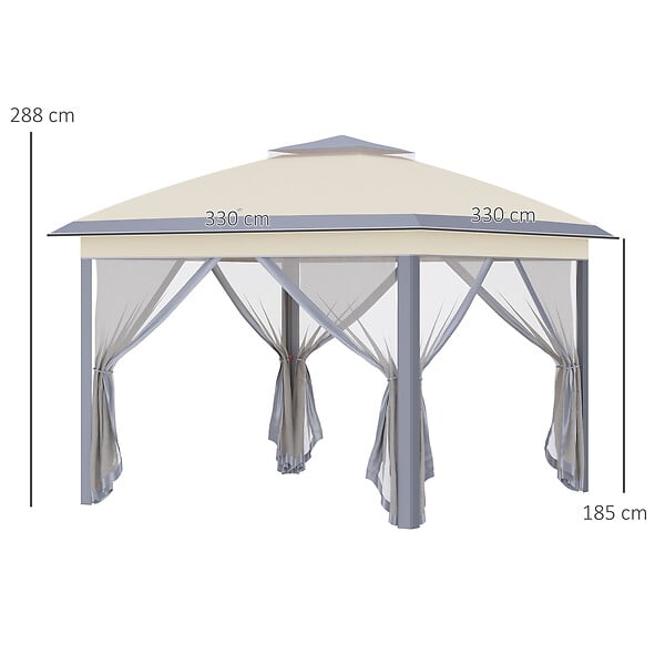 OUTSUNNY - Tonnelle barnum automatique pop-up dim. 3,3L x 3,3l x 2,88H m moustiquaires sac transport métal oxford marron beige - large