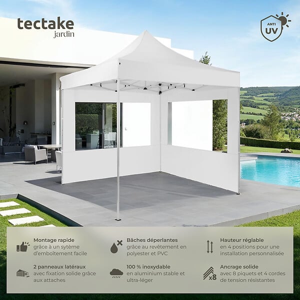 TECTAKE - Pavillon de jardin pliable en aluminium 3 x 3 m avec 2 parois latérales blanc - large