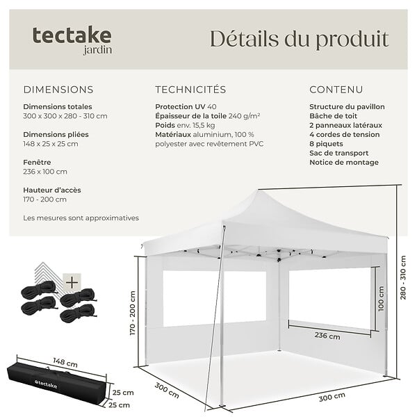 TECTAKE - Pavillon de jardin pliable en aluminium 3 x 3 m avec 2 parois latérales blanc - large