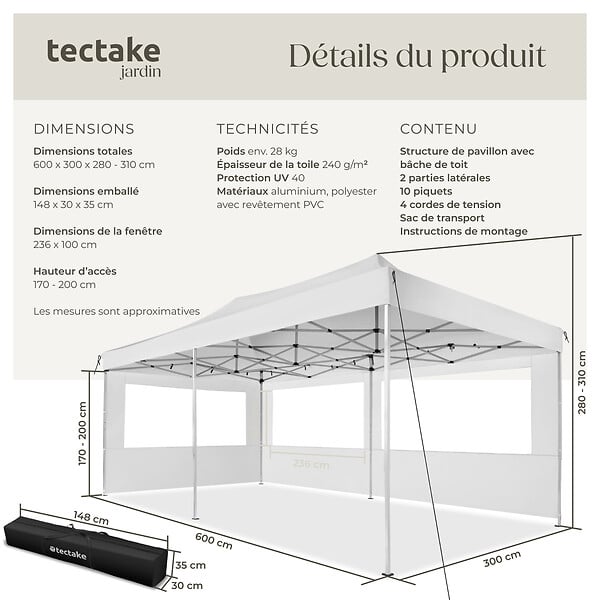 TECTAKE - Tonnelle 6 x 3 m avec 2 rideaux blanc - large