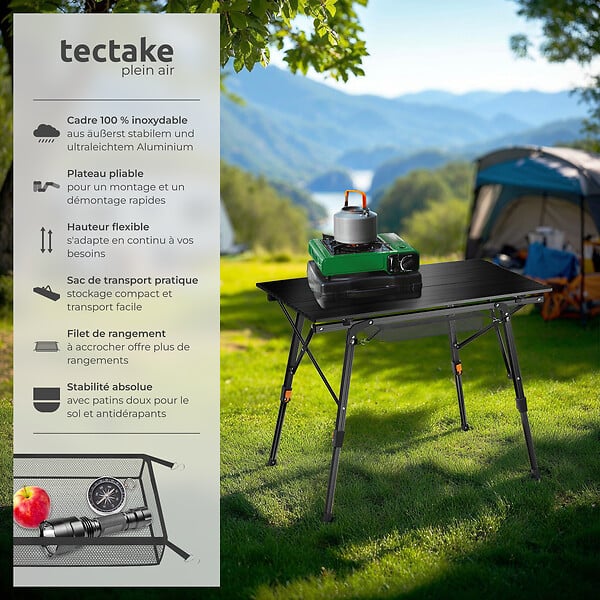 TECTAKE - Table de camping Tina en aluminium, pliable et réglable en hauteur noir - large