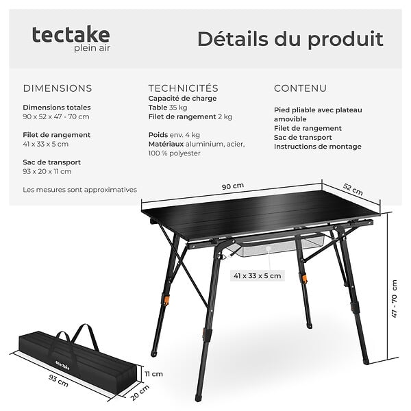 TECTAKE - Table de camping Tina en aluminium, pliable et réglable en hauteur noir - large