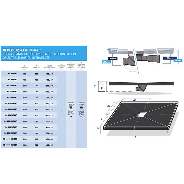 U-TILE - Receveur de douche à carreler 185 x 90 cm siphon centré - large