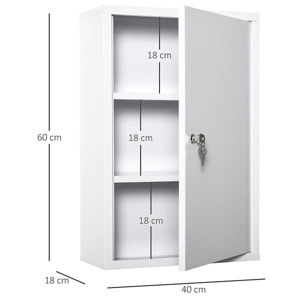 KLEANKIN - Armoire à pharmacie 2 étagères 3 niveaux verrouillable dim. 40L x 18l x 60H cm 2 clés métal blanc - large
