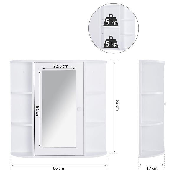 HOMCOM - Armoire murale salle de bain armoire à glace placard de rangement toilettes 1 porte + étagères latérales MDF blanc - large