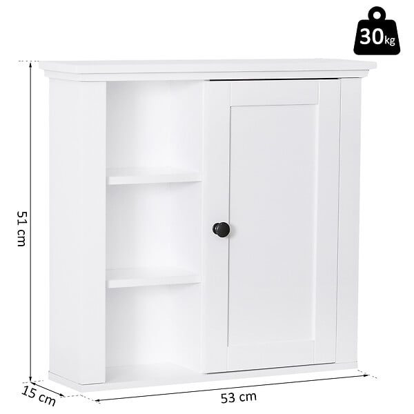 HOMCOM - Armoire haute murale de salle de bain ou WC placard 1 porte 3 niches dim. 53L x 14,5l x 50,5H cm MDF panneaux particules blanc - large
