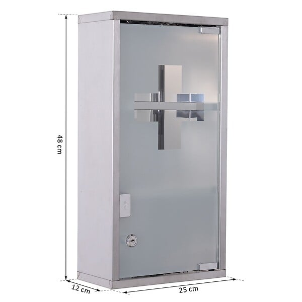 HOMCOM - Armoire à pharmacie 2 étagères 3 niveaux verrouillable porte verre trempé dépoli logo croix 25L x 12l x 48H cm acier inox - large