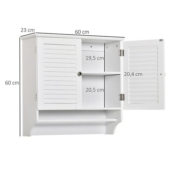 KLEANKIN - Armoire haute murale salle de bain ou WC - placard 2 portes persiennes avec étagère - porte-serviette - MDF blanc - large