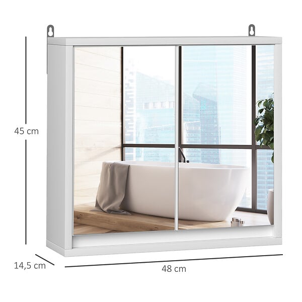 HOMCOM - Armoire murale miroir salle de bain 2 étagères dim. 48L x 14l x 45H cm panneaux particules MDF blanc - large