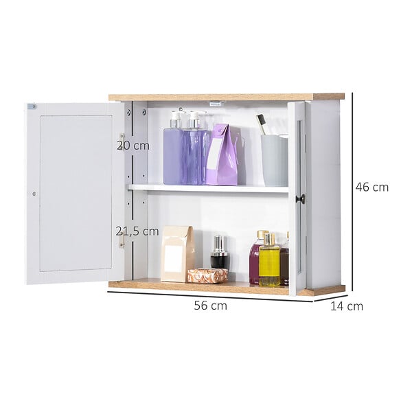 HOMCOM - Armoire murale de salle de bain avec étagère réglable et 2 portes avec miroir en MDF - dim. 56I x 14P x 46H cm - large