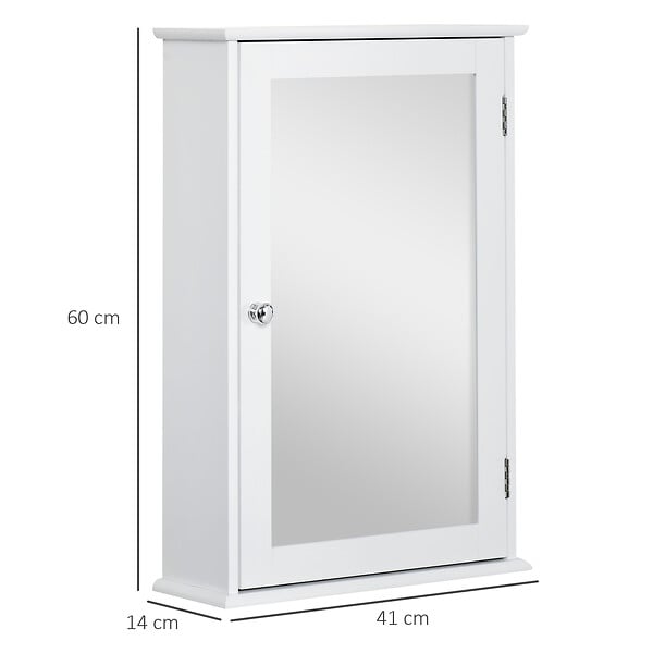 KLEANKIN - Armoire murale de salle de bain avec miroir - armoire à glace - placard de rangement toilettes - 1 porte, 2 étagères - verre MDF blanc - large