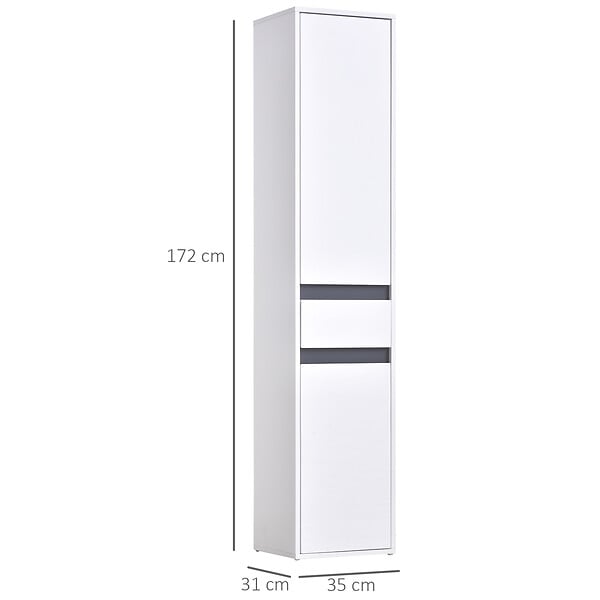 HOMCOM - Meuble colonne rangement salle de bain style contemporain 2 placards 3 étagères et tiroir coulissant panneaux particules blanc - large